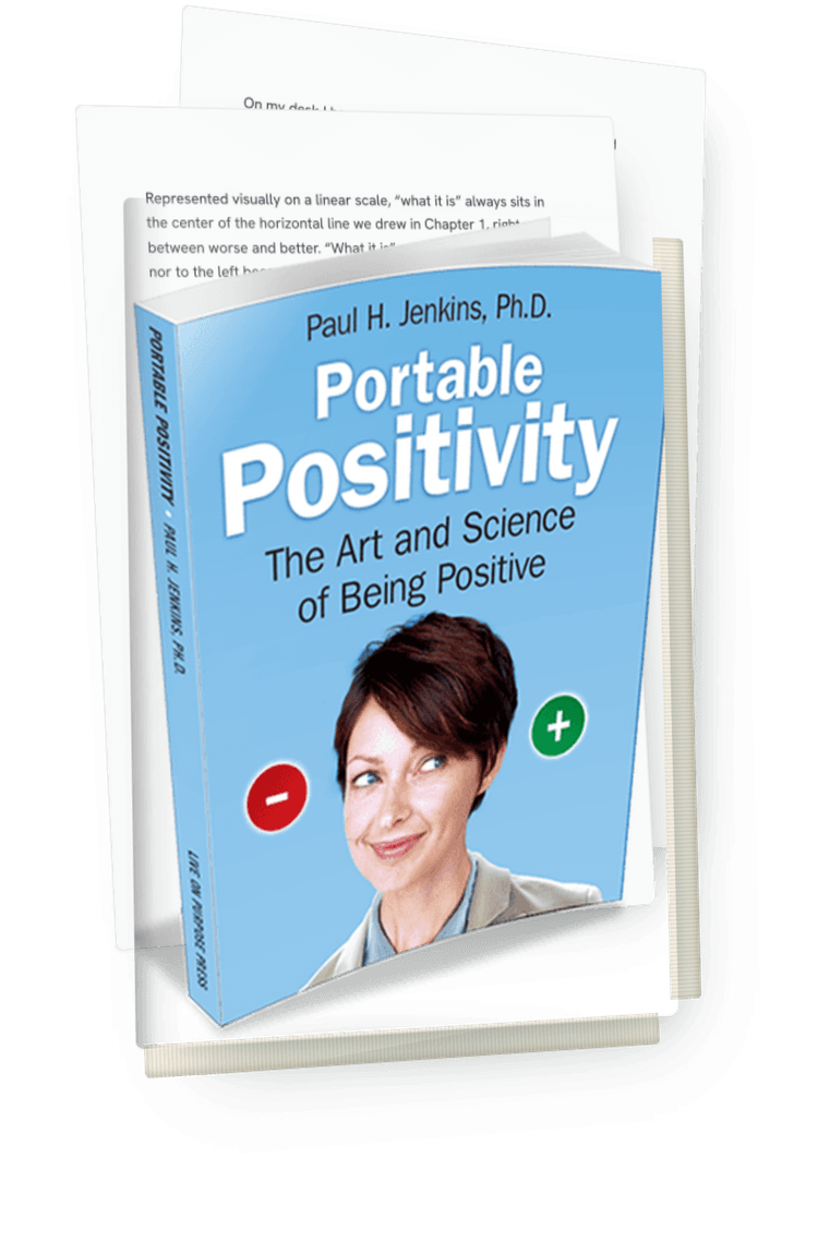 3D mockup of the Portable Positivity minibook cover with two interior pages fanned behind it